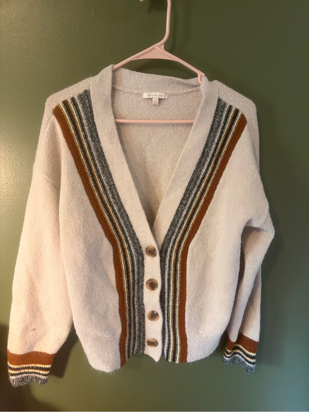 Skies Are Blue Cream Cardigan with Brown & Gray Stripes